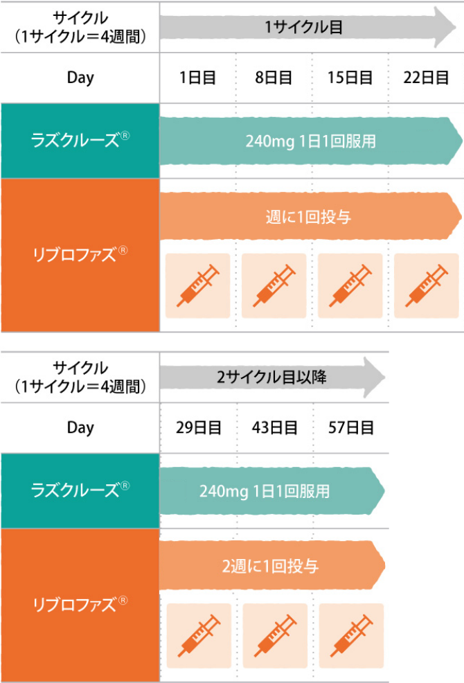 リブロファズ®とラズクルーズ®の併用療法の併用療法のスケジュール